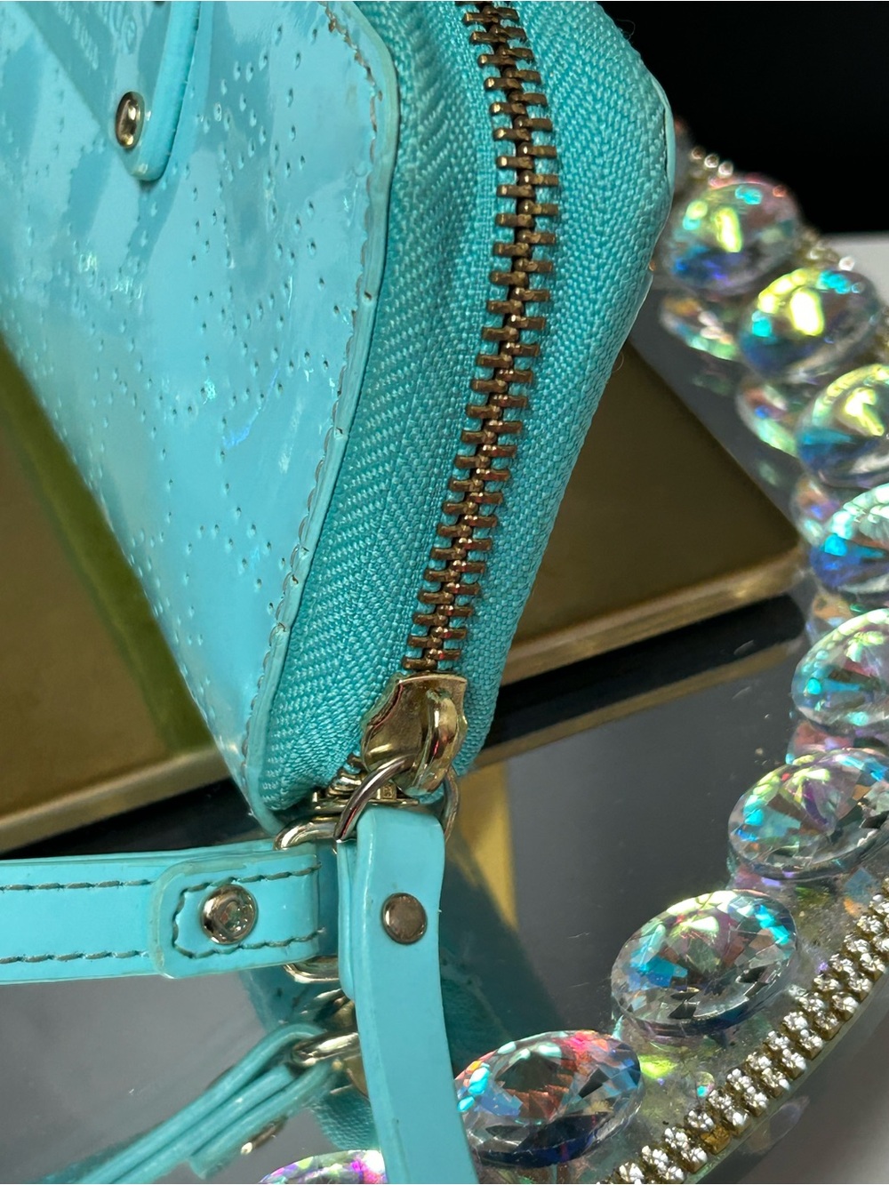 kate spade Patent Leather Zip Wristlet Wallet - Turquoise Approx. 6.5 x 3.5 - Picture 4 of 14